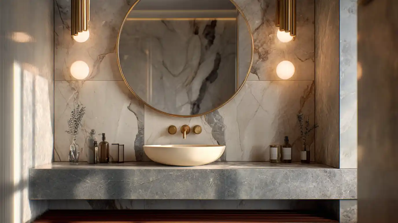 Moderno osvetljeno kupatilo, ogledalo i moderni lavabo!