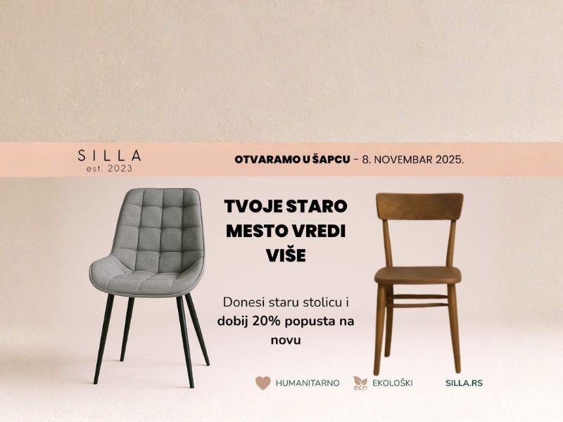 prikaz dve stolice stare i nove na neutralnoj pozadini sa tekstom 