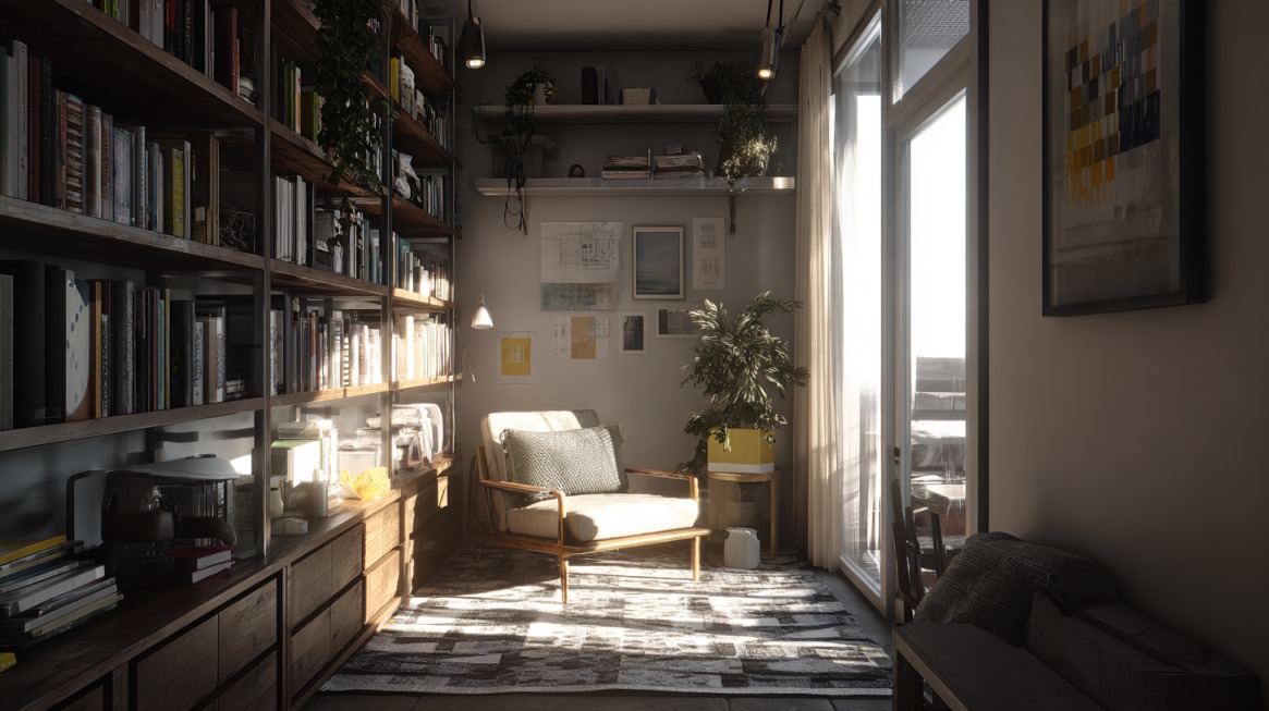 Mali dnevni boravak sa policama do plafona