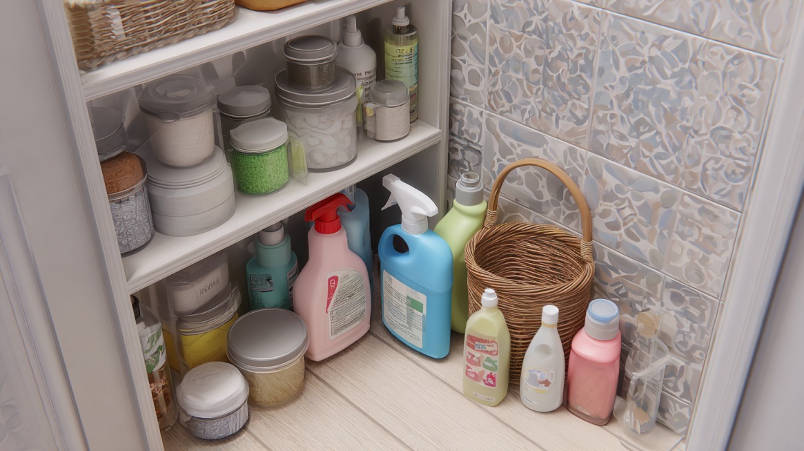 Organizovana polica sa sredstvima za čišćenje u malom prostoru