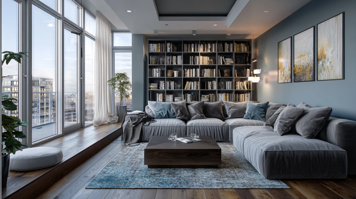 Moderan dnevni boravak sa bibliotekom i velikim prozorima