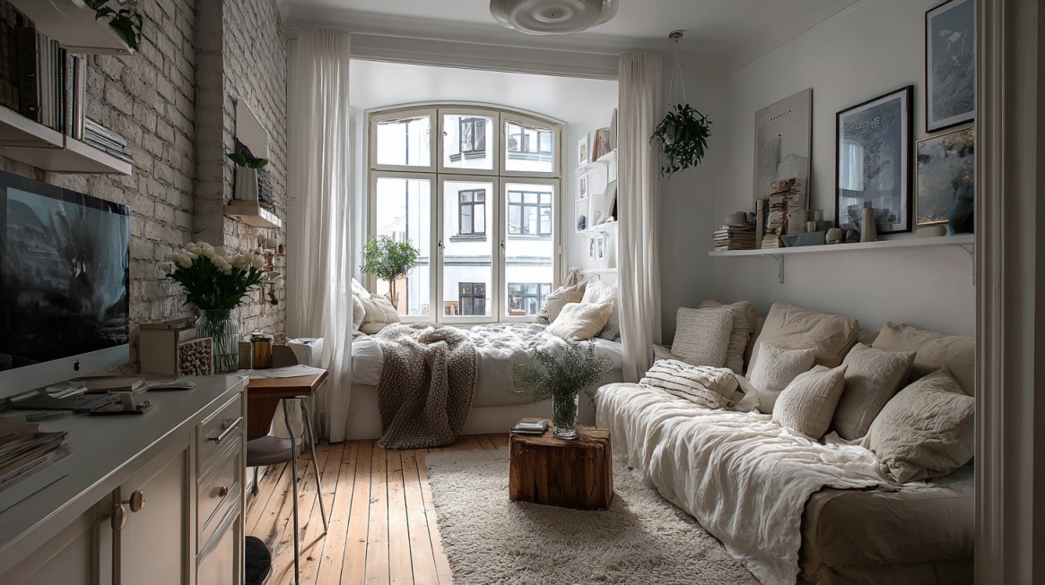 Svetao mali stan sa belim nameštajem i velikim prozorom