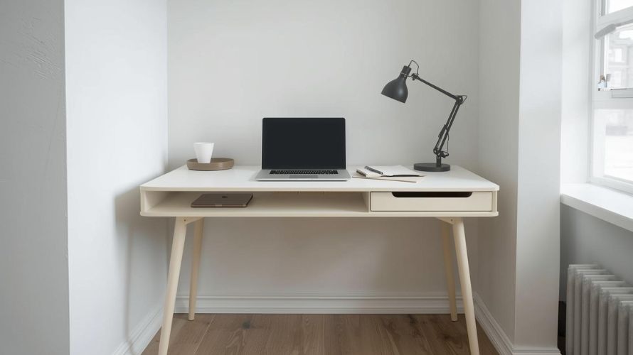 Radni prostor u malom stanu sa kompaktim stolom, fiokom, laptopom i prirodnim osvetljenjem pored prozora.