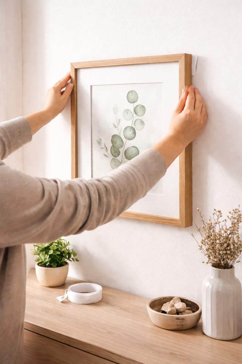 Postavljanje slike na zid pomoću samolepljivih traka bez bušenja