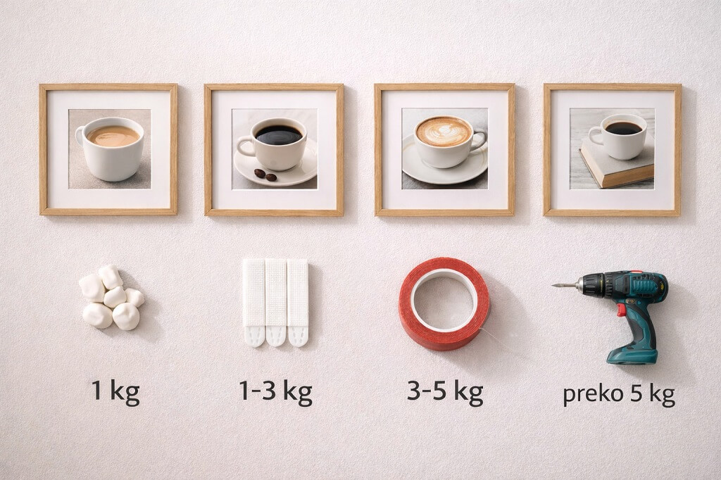 Primer nosača za kačenje slika prema težini od laganih do teških ramova