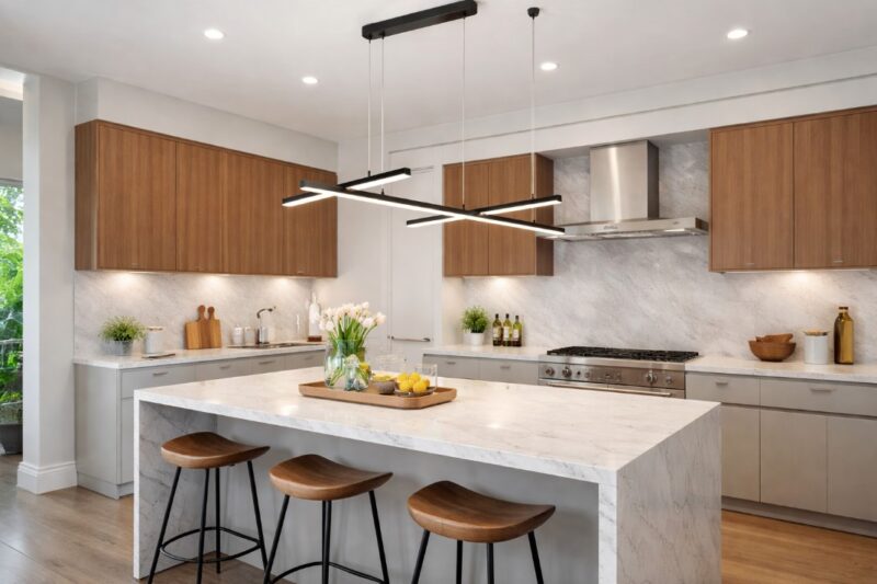 Minimalistička kuhinja sa mermernim ostrvom i drvenim elementima, osvetljena modernom crnom linearnom visilicom sa više svetlosnih linija