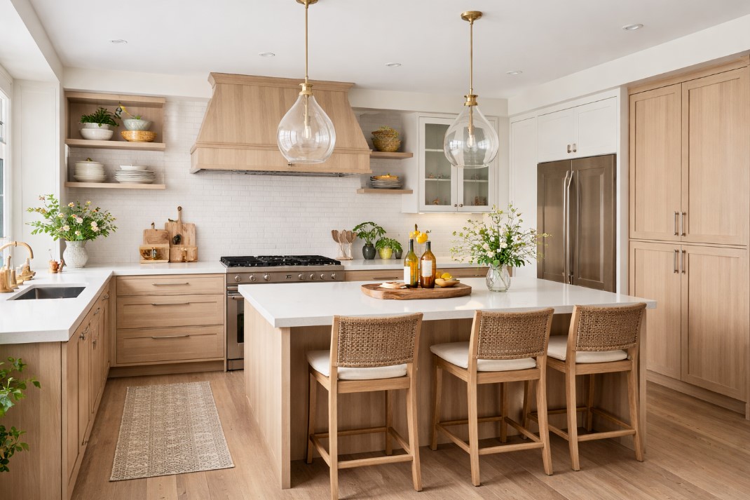 Savremena kuhinja sa ostrvom, drvenim elementima, belom radnom pločom i visećim rasvetnim telima