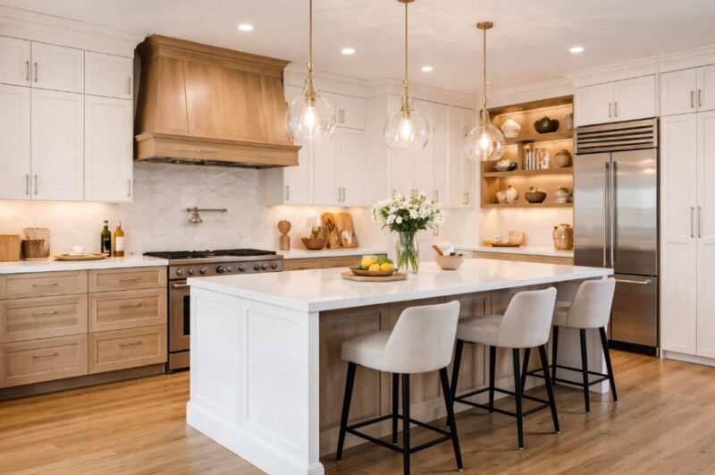 Svetla moderna kuhinja sa centralnim ostrvom, visećim staklenim lampama, belim elementima i drvenim detaljima