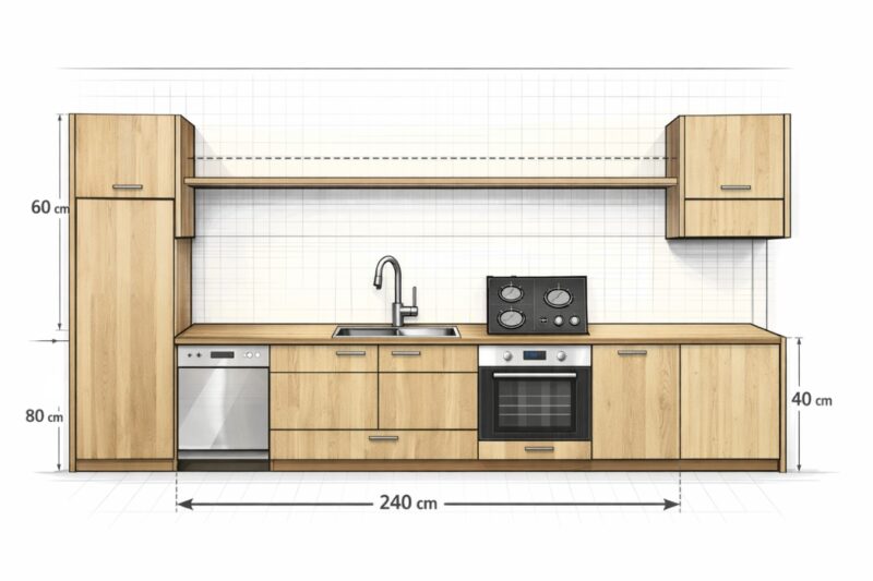 2D ilustracija plana kuhinje iz frontalne perspektive sa raspoređenim elementima poput sudopere, šporeta, rerne i ormarića, bez tekstualnih oznaka, uz prikazane osnovne dimenzije